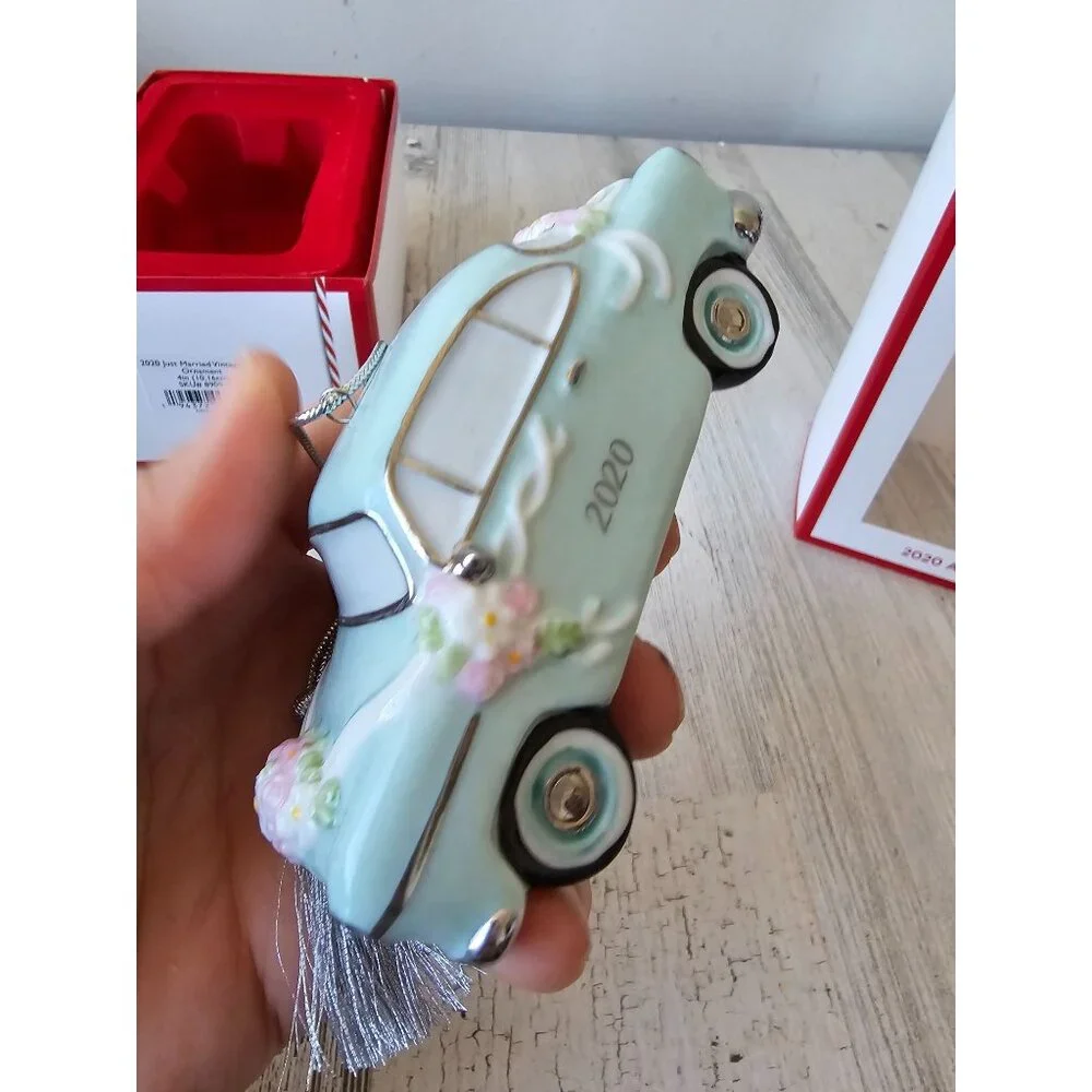 Lenox 2020 Just married vintage car porcelain ornament new Xmas tree teal weddin